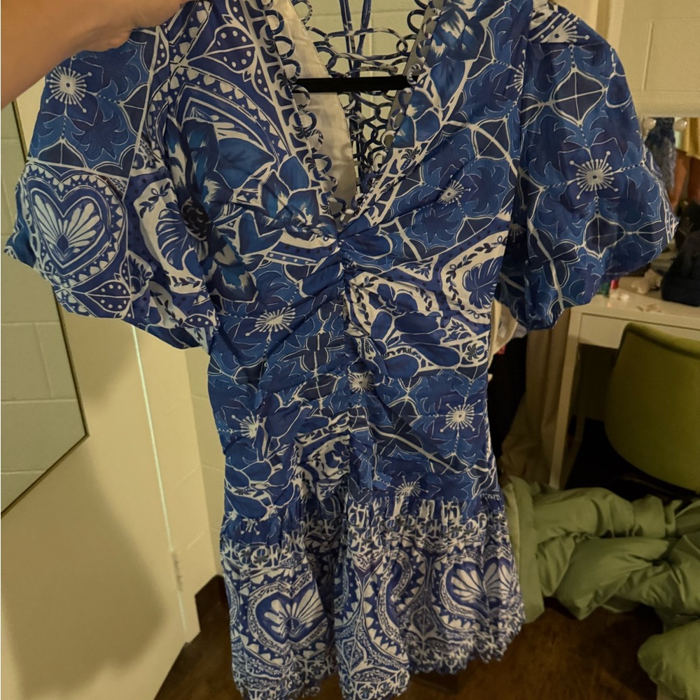 FARM Rio Tile Dream Puff Sleeve Mini Dress